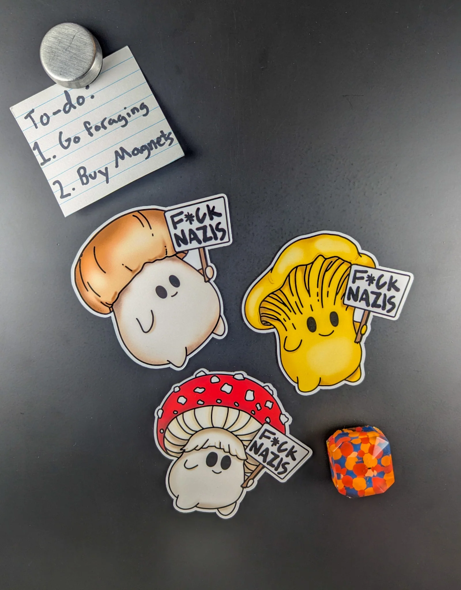 "Fuck Nazis" Mushroom Magnet Trio | Censored Version (F*ck Nazis) Available | Chanterelle, Amanita and Porcini Mushrooms - Image 2