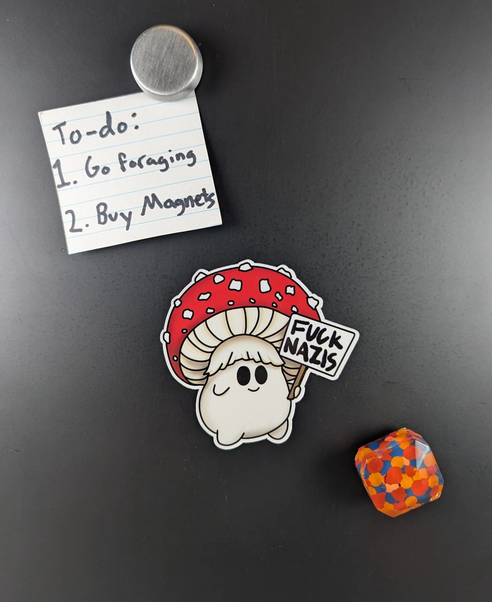 "Fuck Nazis" Mushroom Magnet Trio | Censored Version (F*ck Nazis) Available | Chanterelle, Amanita and Porcini Mushrooms - Image 3