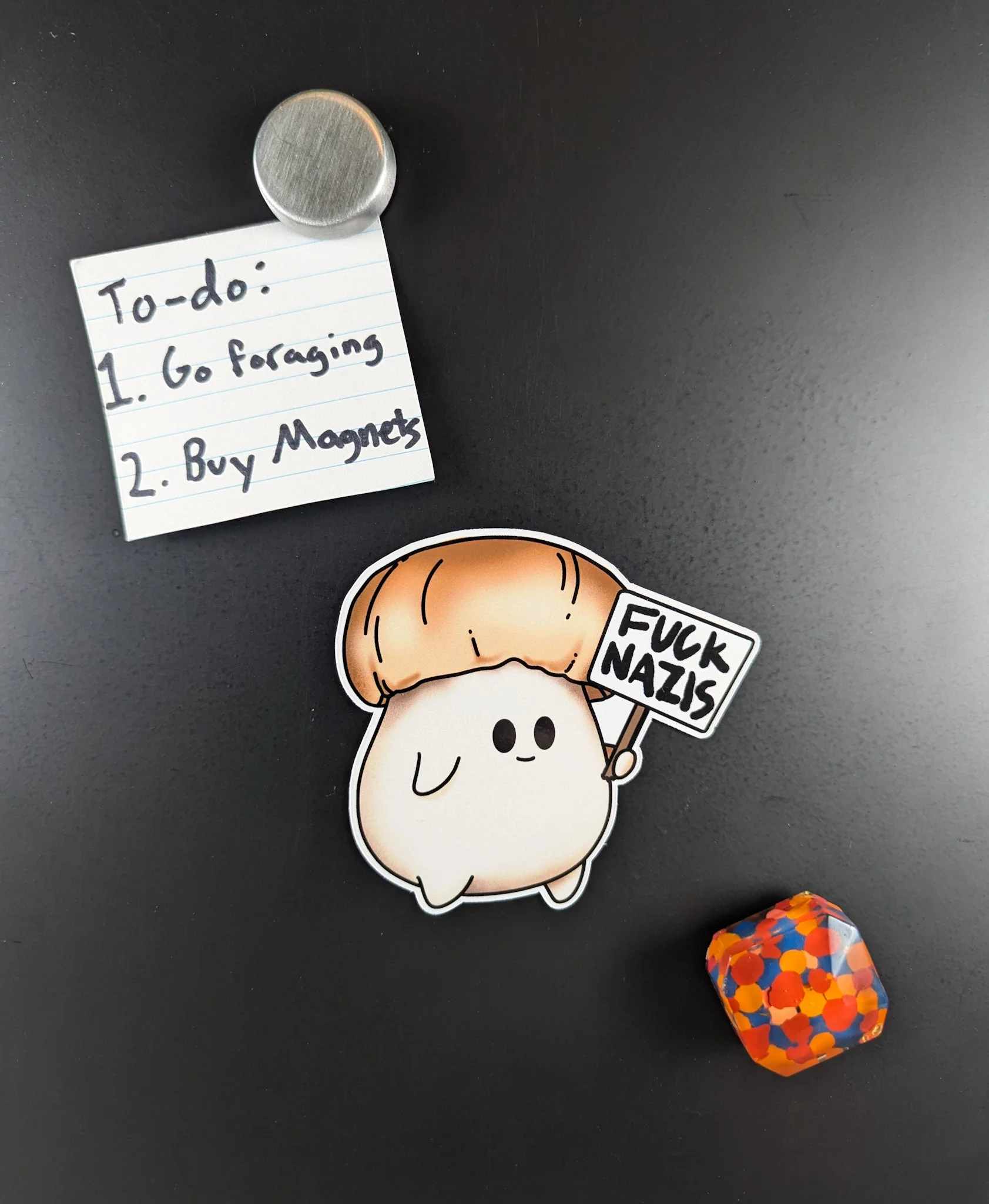 "Fuck Nazis" Mushroom Magnet Trio | Censored Version (F*ck Nazis) Available | Chanterelle, Amanita and Porcini Mushrooms - Image 5