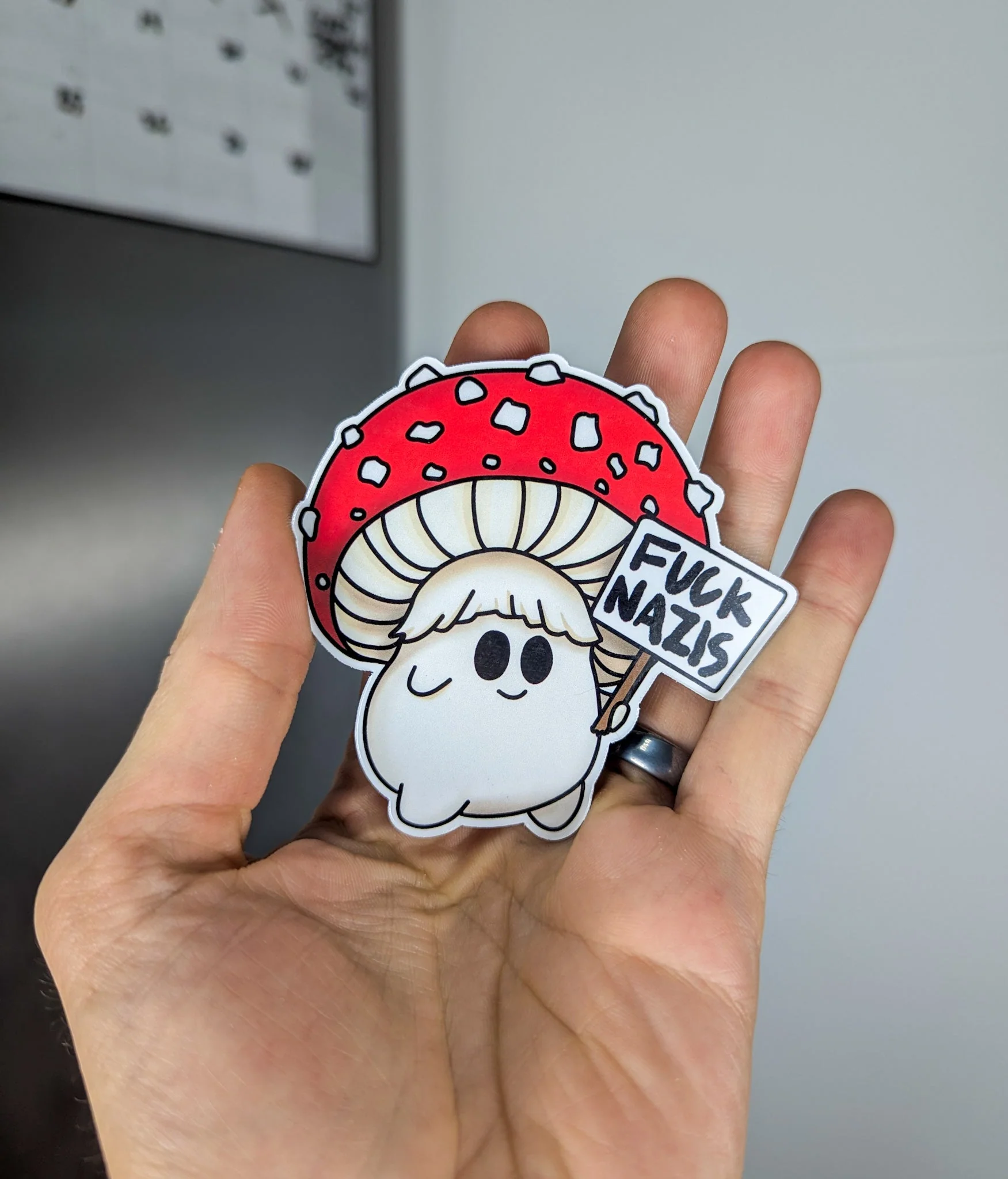 "Fuck Nazis" Mushroom Magnet Trio | Censored Version (F*ck Nazis) Available | Chanterelle, Amanita and Porcini Mushrooms - Image 6