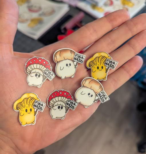"Fuck Nazis" Mushroom Sticker Trio | Chanterelle, Amanita and Porcini Mushrooms Holding Picket Signs - Image 10