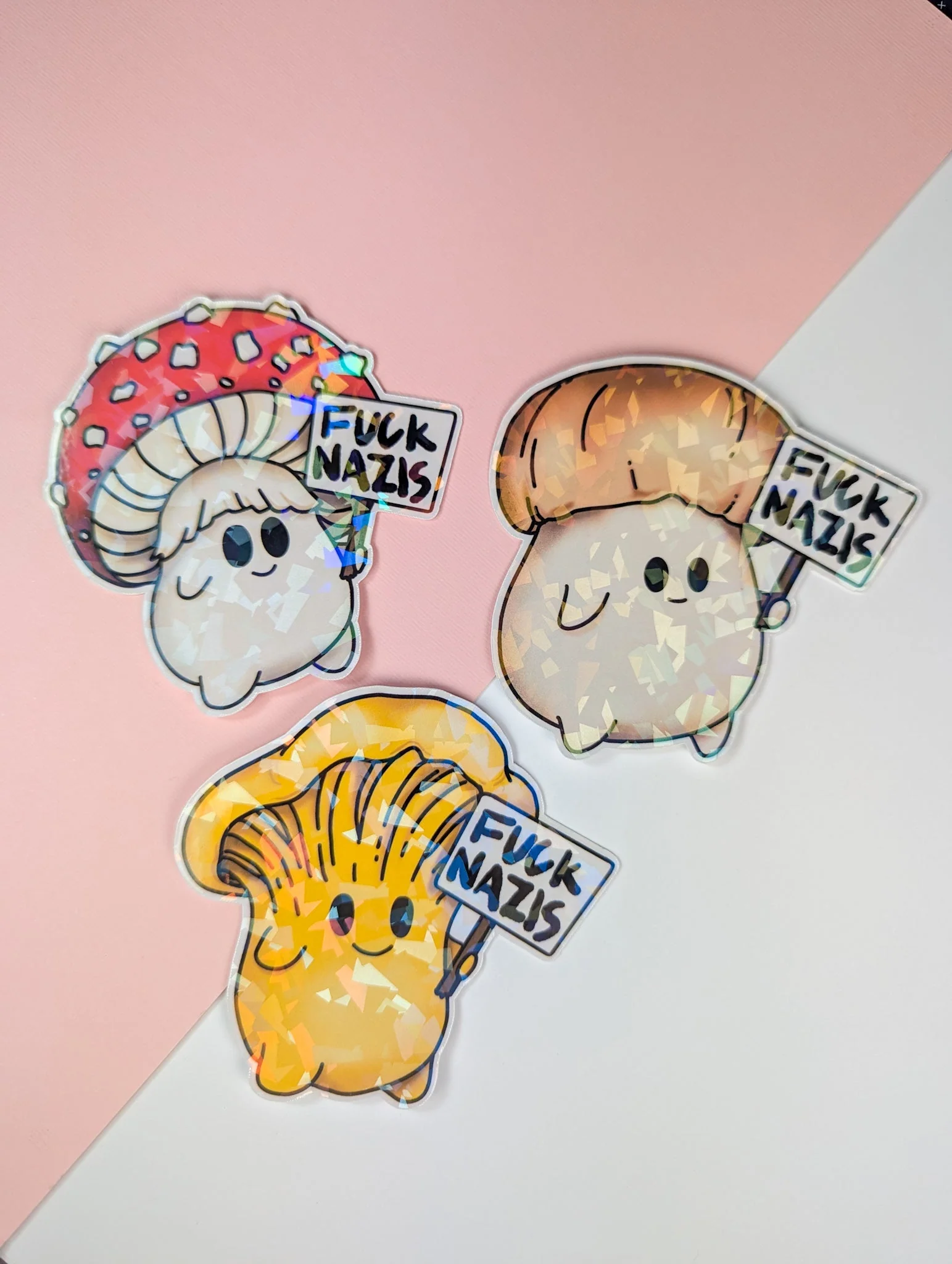 "Fuck Nazis" Mushroom Sticker Trio | Chanterelle, Amanita and Porcini Mushrooms Holding Picket Signs - Image 2
