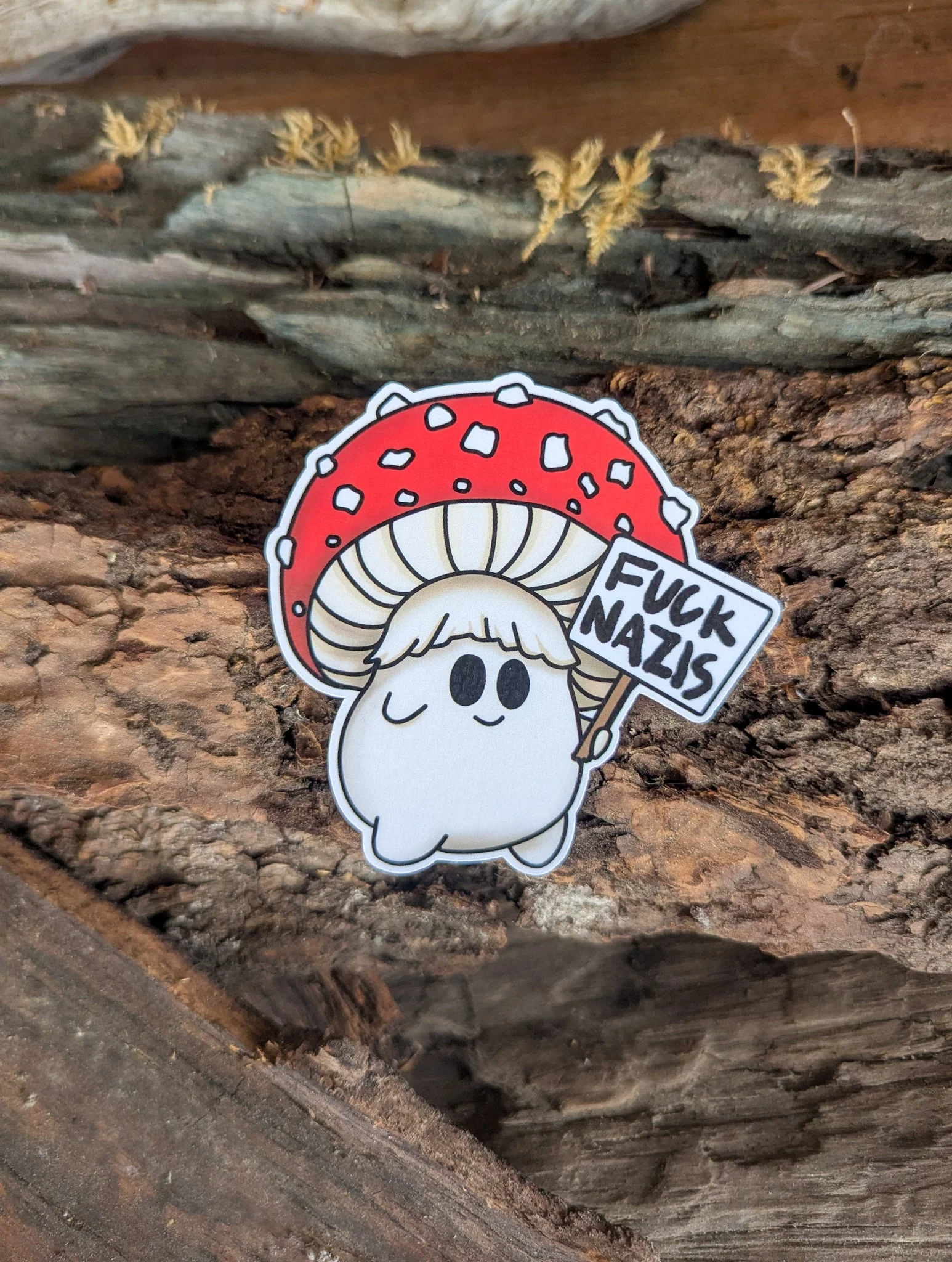 "Fuck Nazis" Mushroom Sticker Trio | Chanterelle, Amanita and Porcini Mushrooms Holding Picket Signs - Image 3