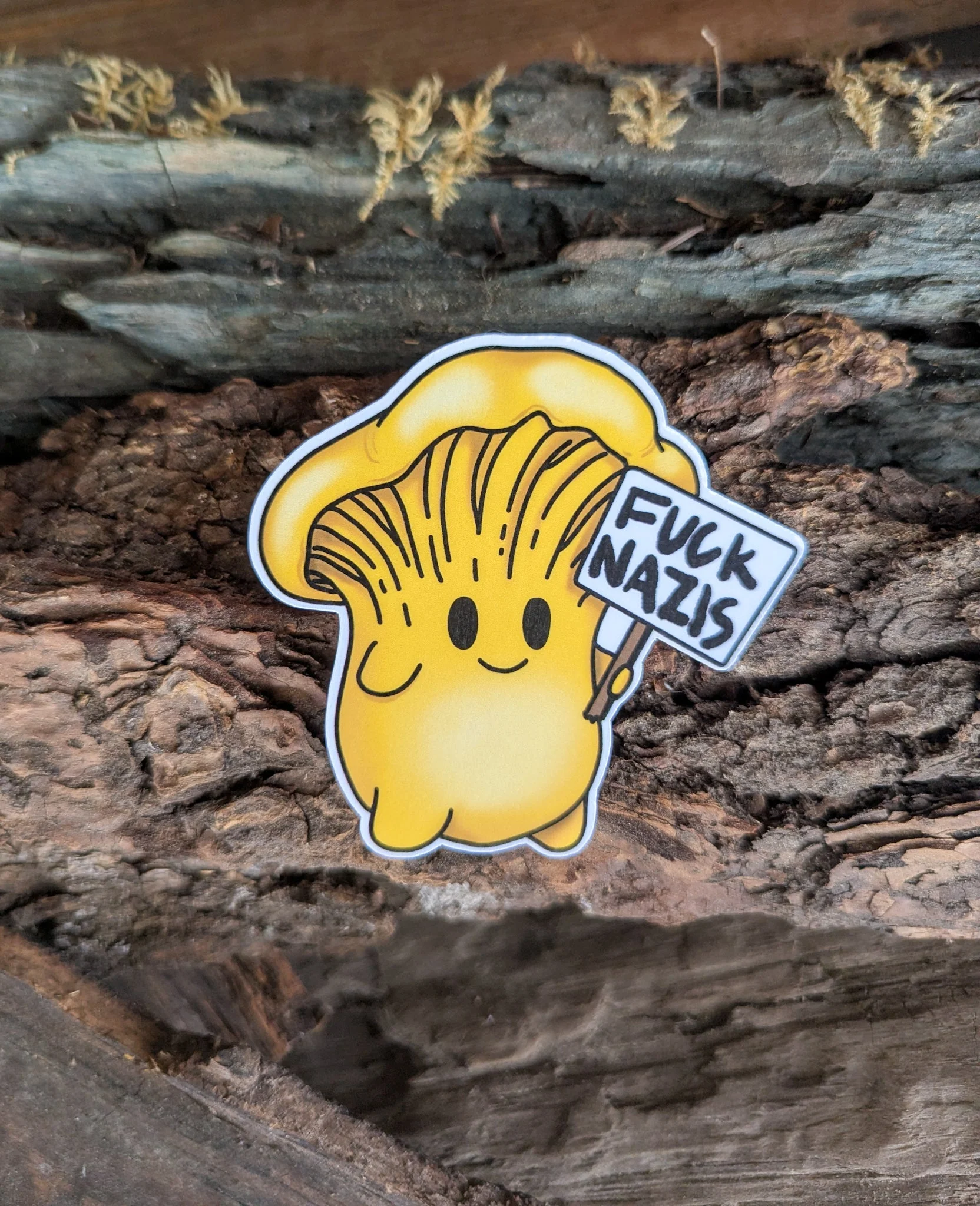 "Fuck Nazis" Mushroom Sticker Trio | Chanterelle, Amanita and Porcini Mushrooms Holding Picket Signs - Image 4