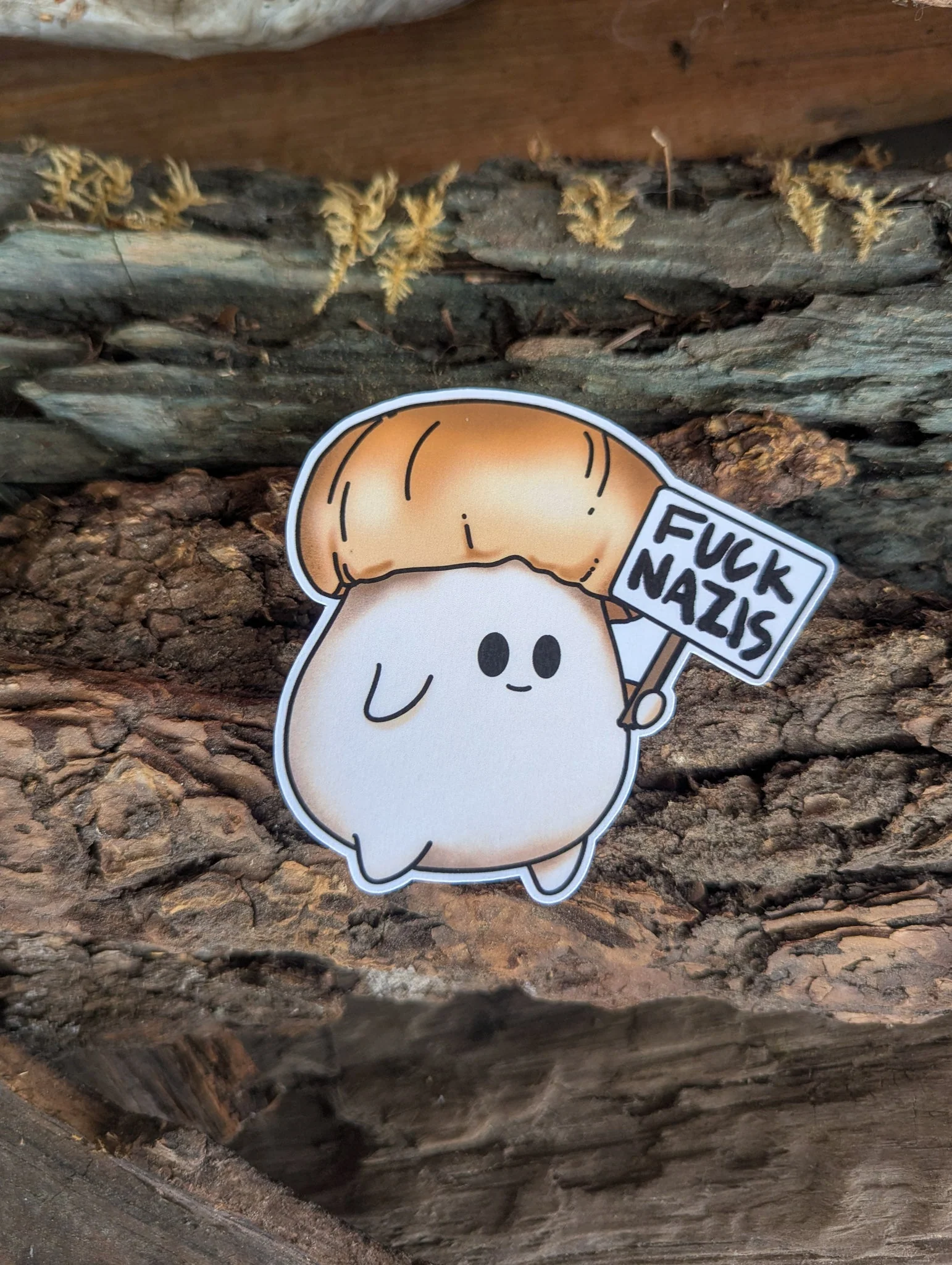 "Fuck Nazis" Mushroom Sticker Trio | Chanterelle, Amanita and Porcini Mushrooms Holding Picket Signs - Image 5