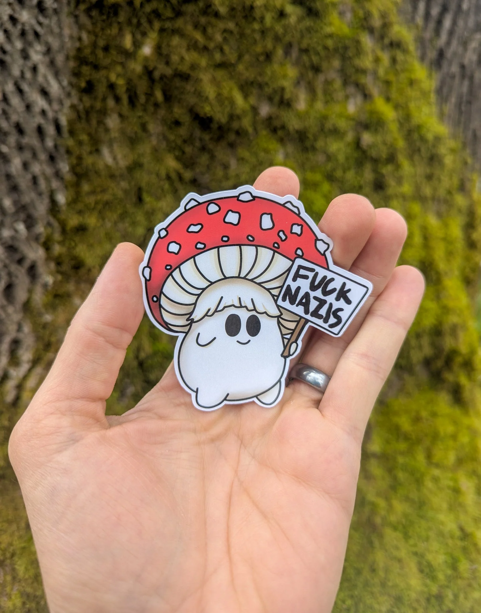 "Fuck Nazis" Mushroom Sticker Trio | Chanterelle, Amanita and Porcini Mushrooms Holding Picket Signs - Image 6