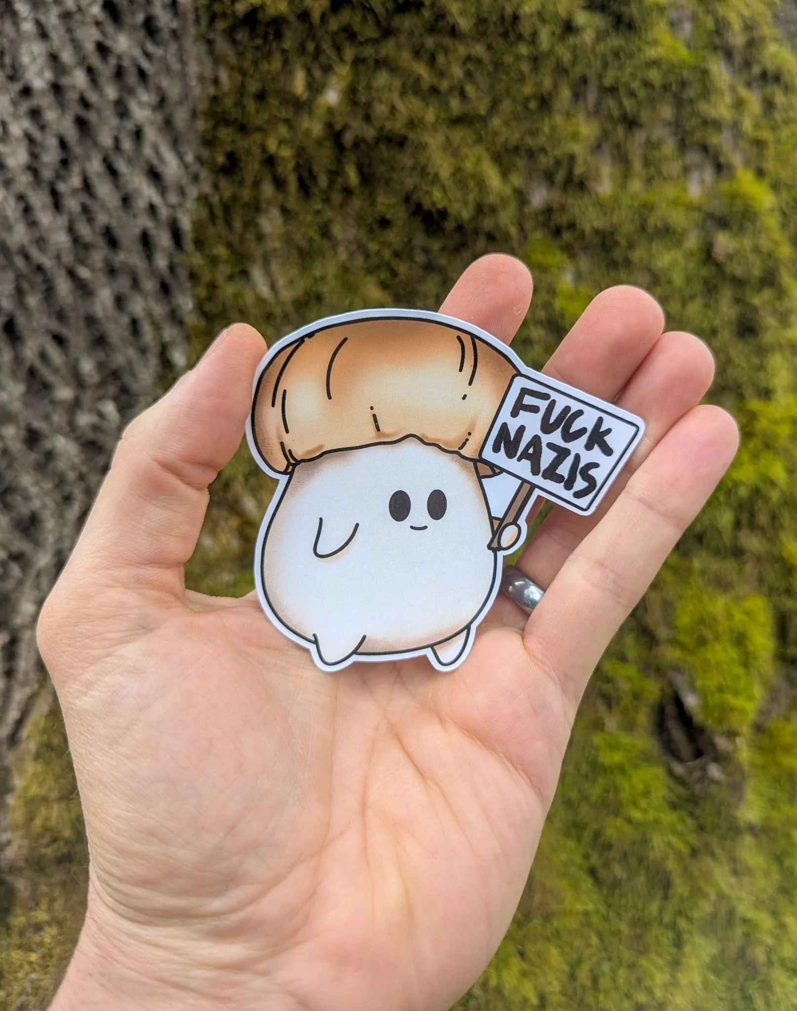 "Fuck Nazis" Mushroom Sticker Trio | Chanterelle, Amanita and Porcini Mushrooms Holding Picket Signs - Image 7