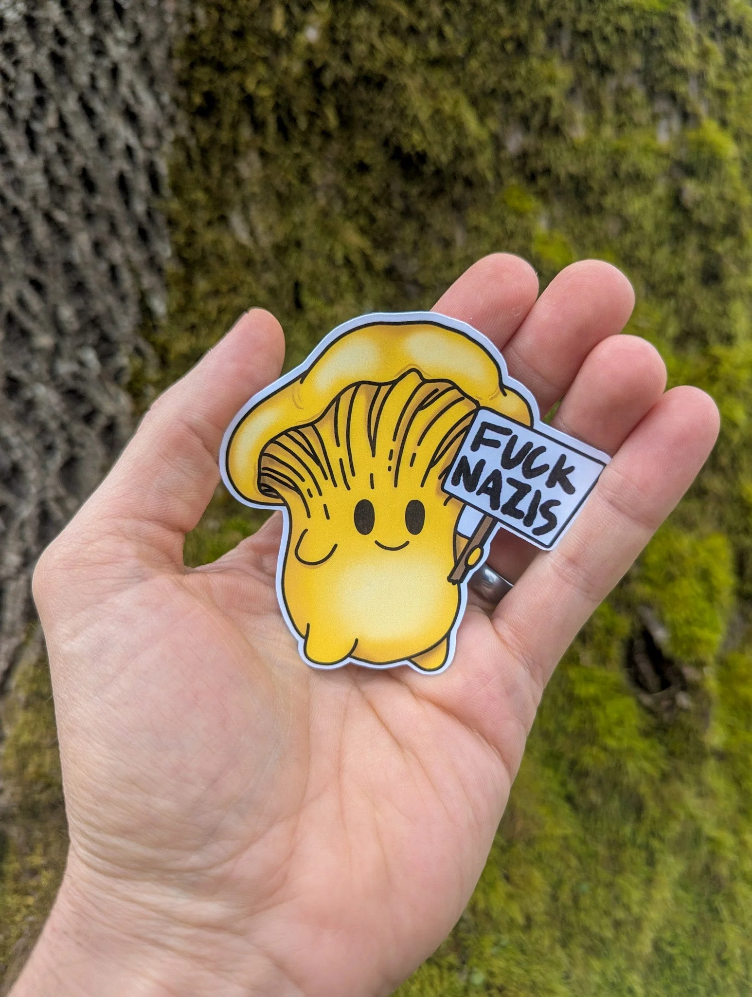 "Fuck Nazis" Mushroom Sticker Trio | Chanterelle, Amanita and Porcini Mushrooms Holding Picket Signs - Image 8